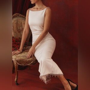 House of CB Ivory Margiela Satin Crystal Midi Dress S Small